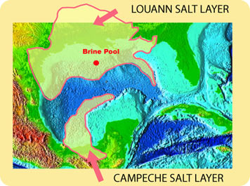 The Brine Pool and other brine lakes in the Gulf of Mexico are caused by dissolution of buried salt deposits. Credit: National Oceanic and Atmospheric Administration